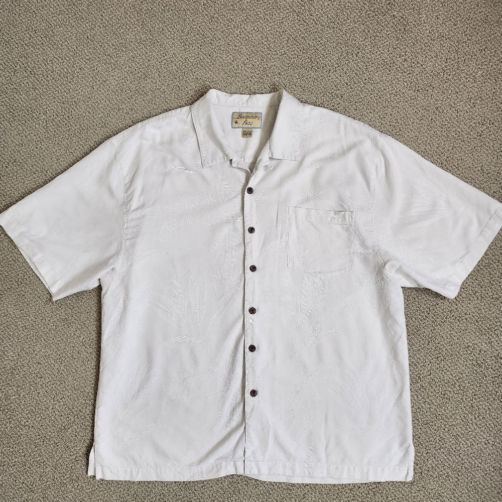 VTG Boundary Bay Button Up Silk Polo Shirt Beige Textured Palm Tree Print XXL
